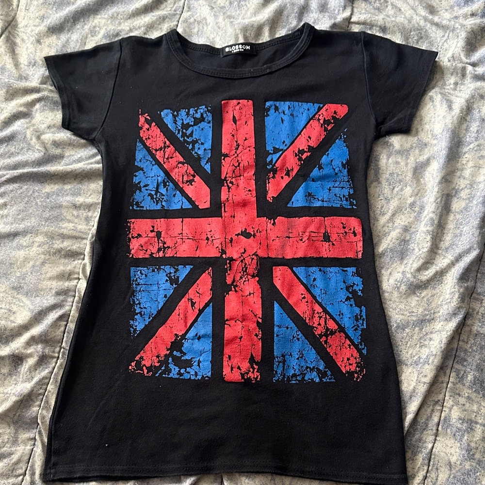 Black Kids Tee with Distressed Union Jack Print - Black/Red/Blue